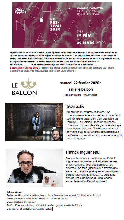 Agenda manifestation cholet chantappart le balcon  Govrache Patrick Ingueneau