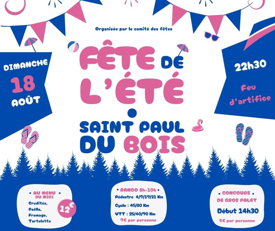 Fête Populaire Feu d'artifice Rando Vélo VTT Pédestre Jeu Palet Repas Animation Village