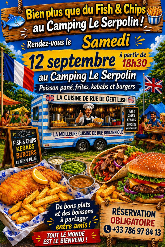 Soirée Fish-and-chips et concert live au camping du Serpolin à Cléré-sur-Layon - © Famille GODDARD Food-truck Camping Soirée British Burger Fish-and-chips Serpolin