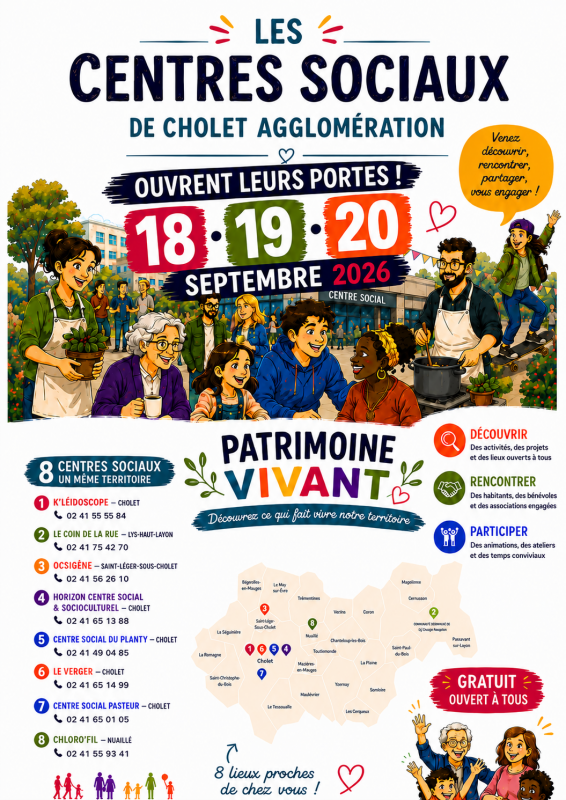 les 8 centres sociaux de Cholet Agglomération ouvrent leurs portes entre le 18 et le 20 septembre 2026 les 8 centres sociaux de Cholet Agglomération ouvrent leurs portes entre le 18 et le 20 septembre 2026